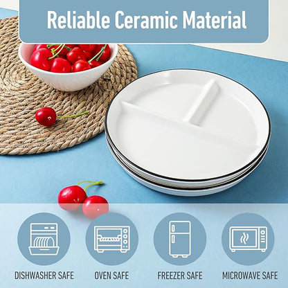 Ceramic Divided Plates Set of 2Pcs, 8 Inch Portion Control Plate, Reusable Bariatric Plate for Adults, 3 Compartment Plates, White Dinner Plates for Balanced Meal, Microwave, Dishwasher Safe