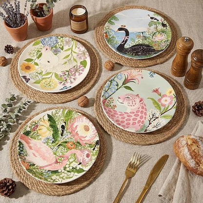 4 Piece Ceramic Plates Set, 8.5Inch Dessert & Salad,Appetizer Plates，Illustrated style Prints, Suitable for Serving Pasta, Pizza. Dishwasher, MicrowaveSafe.gift for birthdays and holidays(8.5inch)