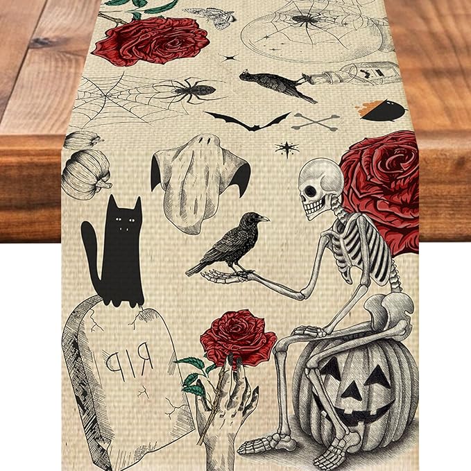 Flower Skulls Halloween Table Runner Seasonal Autumn Kitchen Dining Linen Table Decoration for Indoor Outdoor Home Party Decor 13 x 72 Inch
