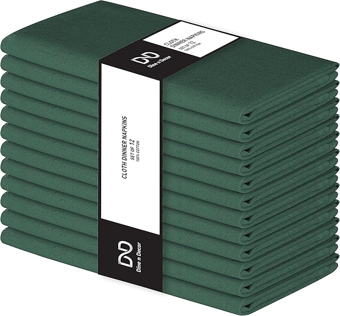 Set of 12 Cloth Dinner Napkins 100% Cotton - Soft Durable Washable - Ideal for Farmhouse Party Weddings Christmas Easter- Perfect Everyday Use Table Linen Cloth Napkins Forest Green 17x17