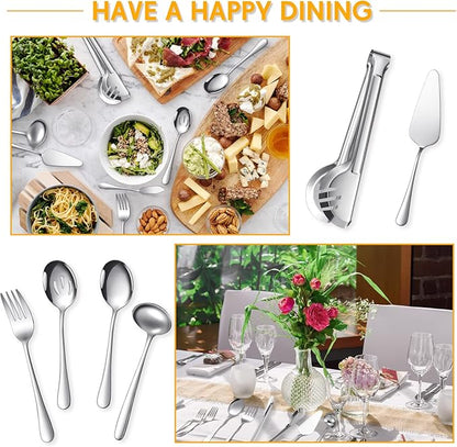 Patelai Serving Utensils Set Include Stainless Steel Large Spoons Slotted Spoons Forks Tongs Soup Ladle and Pie Server for Parties Buffet Catering, Dishwasher Safe(Silver,12 Pieces)