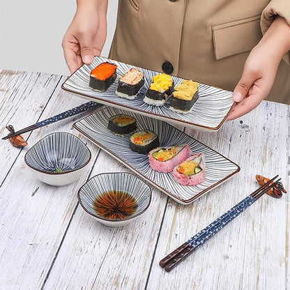 Artcome 10 Pcs Japanese Style Ceramic Sushi Plate Dinnerware Set for Wedding Housewarming - 2 Sushi Plates, 2 Sauce Dishes, 2 Snack Bowl, 2 Pairs of Chopsticks, 2 Chopsticks Holders, Blue