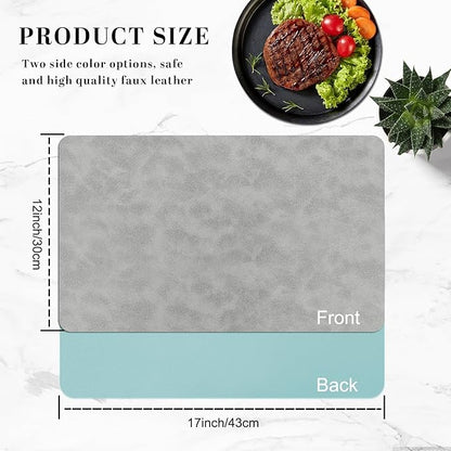 BLESWIN Faux Leather Placemats, PU Dining Table, Waterproof and Oil Resistant Easy to Clean, Heat Resistant Reversible Use Table Mats for Kitchen, Dining Table, Outdoor – 12 × 17 Inch, Light Grey&Blue