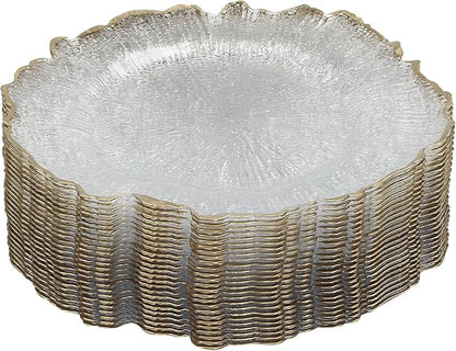 100Pcs Antique Clear Charger Plates, 13" Round Decorative Reef Chargers for Dinner Plates, Reusable Plastic Charger Plates Bulk with Gold Rim for Wedding, Dinner, Party, Bridal Shower