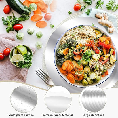 KesaPlan 50PCS Round Silver Placemats, 13" Disposable Paper Placemats for Dining Table, Mirrored Silver Charger Place Mat for Kitchen Banquet Table Setting Wedding Birthday Dinner Party Decor