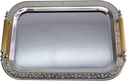 17.1 inch x 12.4 inch Rectangular Chrome Plated Silver Serving Tray with Handles Iron Gold Edge Engraved Decorative Wedding Dessert Buffet Wine Decor Platter Plate NC-147