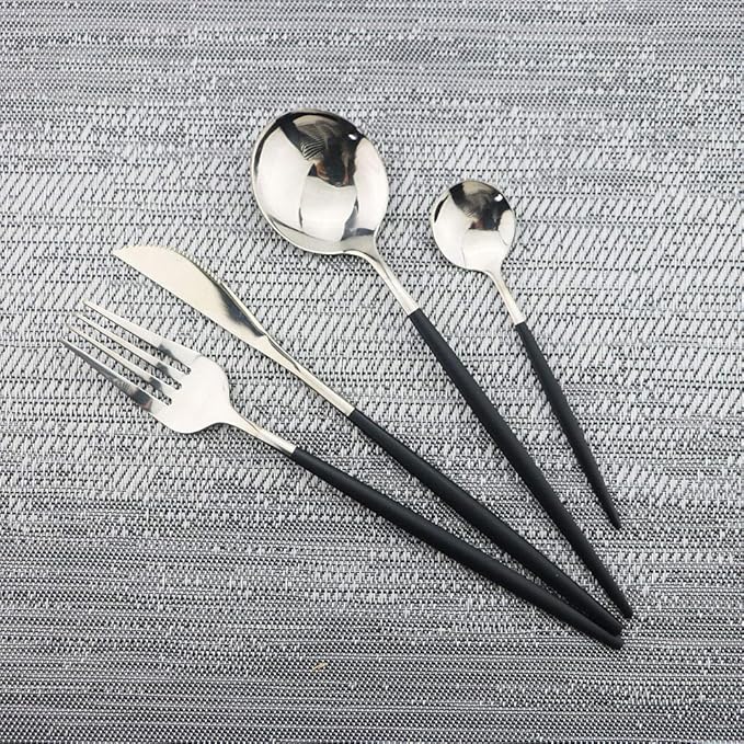 JASHII Black Silver Silverware Set, 20-Piece Stainless Steel Satin Finish Flatware, Kitchen Utensils, Mirror Polished Tableware Cutlery for Home and Restaurant, Dishwasher Safe