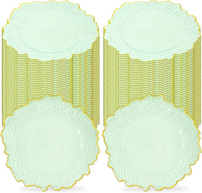 100 Pcs Clear Charger Plates 13 Inch Hammered Green Plastic Charger Plates with Gold Rim, Transparent Green Chargers for Dinner Plate, Stone Texture Plate Round Chargers for Wedding Party, Event