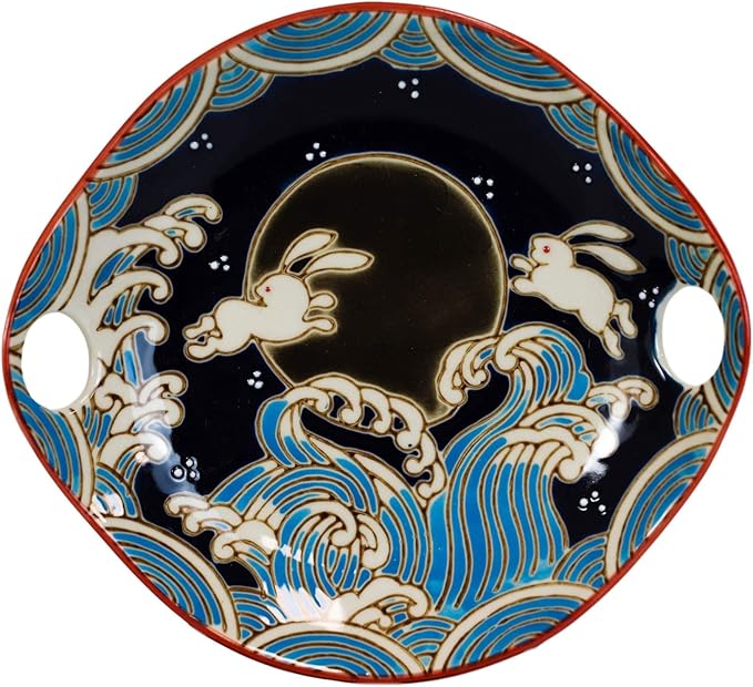 Ebros White Rabbits Jumping Over Black Moon Appetizer Snack Serving Coupe Plate Dish With Chopsticks And Built In Rest Set Small Flat Bowl For Hors D'oeuvres Sushi Ice Cream Serveware Plates (1)