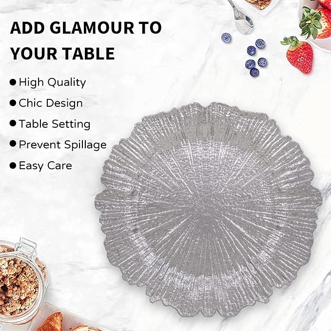 MAONAME Round 13" Silver Charger Plates, Reef Plate Chargers Set of 6, Plastic Table Chargers for Dinner Plates, Wedding, Thanksgiving, Christmas