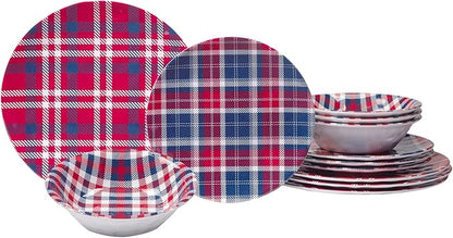 Certified International Patriotic Plaid 12 Piece Melamine Dinnerware Set, Service For 4