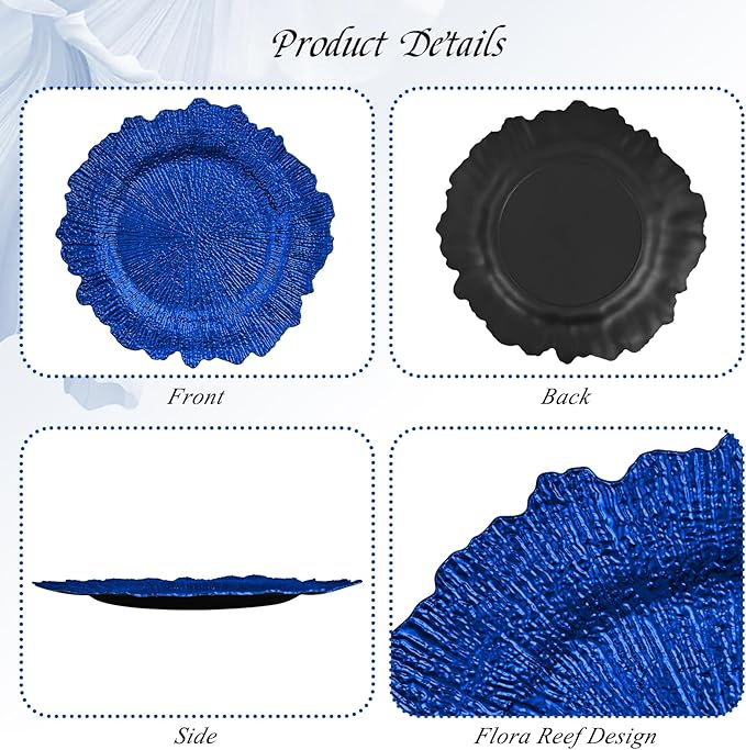 24 Pack Royal Blue Charger Plates Bulk, 13" Plastic Reef Chargers for Dinner Plates, Round Charger Plate with Floral Reef Design for Dinner Wedding Party Table Setting Decoration