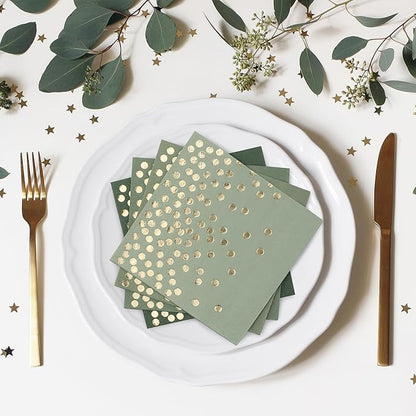80 Pack of Paper Cocktail Napkins with Gold Foil Polka Dot Confetti，Polka Dot Party Supplies(5 x 5 in，2-ply) (80, Gradient Green)