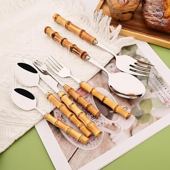 Mirror Polished Silverware Set for 8 - Bamboo Handle Cutlery Set - Stainless Steel Flatware Serving Set for Home Restaurant Wedding and Parties - 40 Pieces Eating Utensils