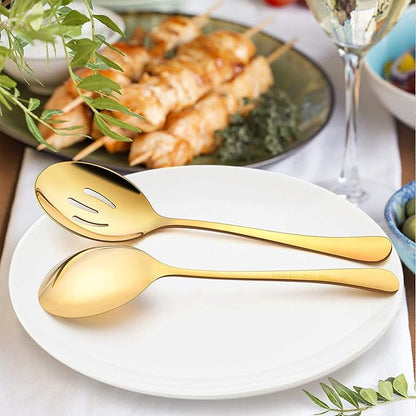 LIANYU 8 Pack Gold Slotted Serving Spoons, 8.7 Inch Stainless Steel Serving Utensils Spoon Set for Banquet Catering Buffet Dinner Restaurant Party