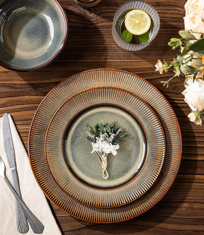 TheTerra Stoneware Dinnerware Sets for 6, 18 Pieces Ceramic Lightweight Plates and Bowls Sets, Scratch Resistant Embossed Dish Set, Oven, Microwave & Dishwasher Safe, Coca Mocha