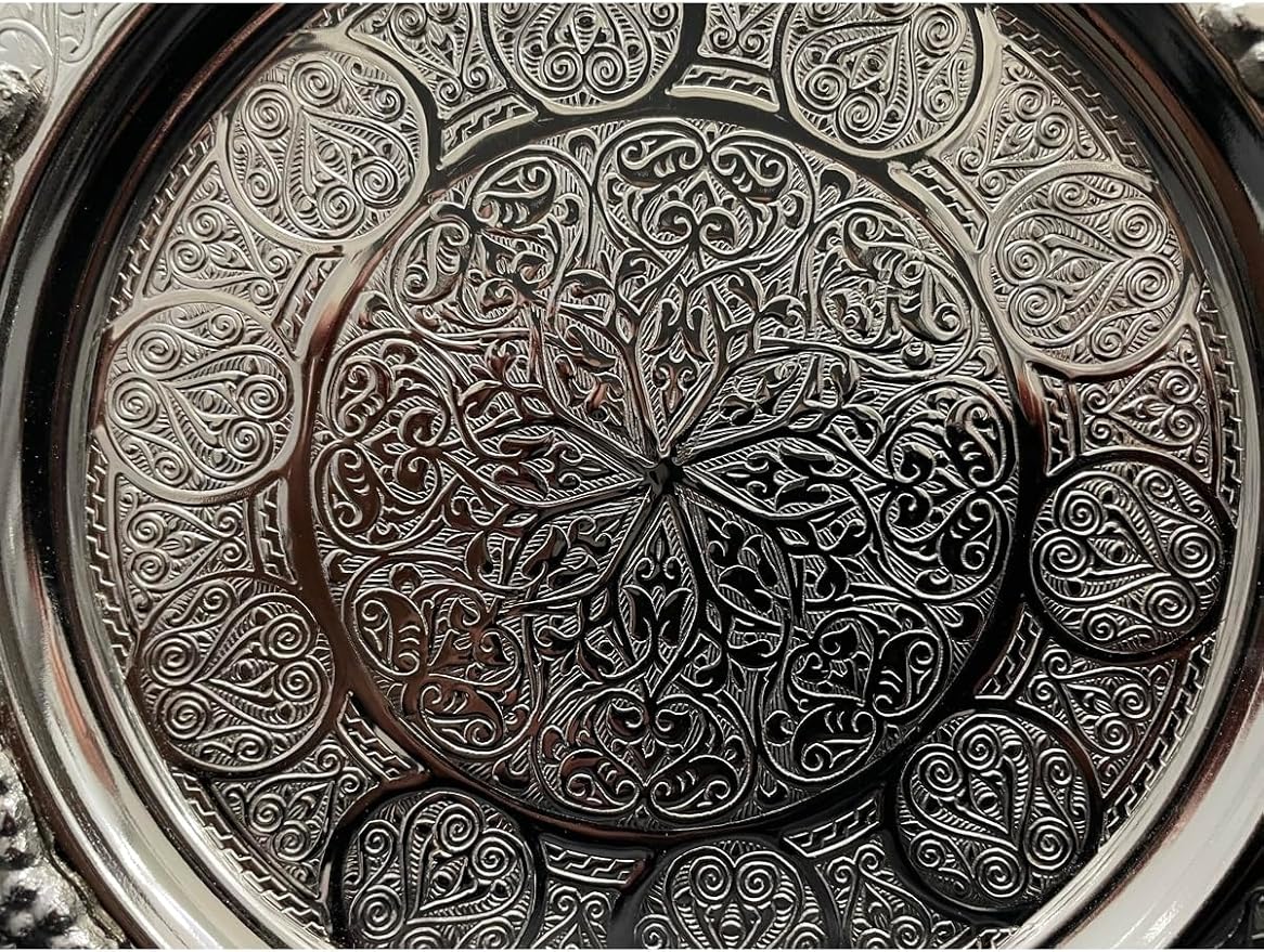 Serving Tray Copper Handmade Gaziantep Style 7.9-Inch Silver Color Authentic Handled Souffle Dish for Home Decor - Silver, One Size