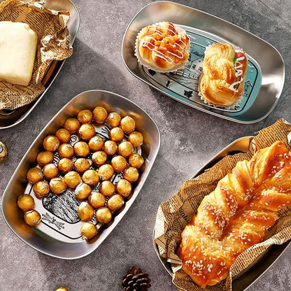 Portable Bread Tray, Oval Metal Picnic Plate Reusable Decorative Bread Serving Tray Multipurpose Tinplate Food Tray for Parties Gatherings (Pastoral Hut Style)
