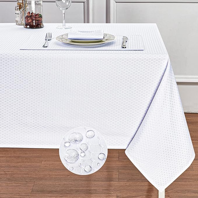 Rectangle Table Cloth Linen Farmhouse Stainproof Waterproof Washable Polyester Oblong Rectangular Fabric Table Cover for Kitchen Dining Dinner (White, 60 X 120 Inch)