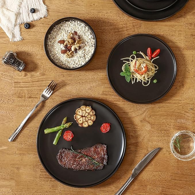 GZG Ceramic Dinner Plates Set of 4,10 Inch Stoneware Dishes Set,Microwave and Dishwasher Safe Kitchen Utensils,Stackable,Scratch Resistant (Matte Black)