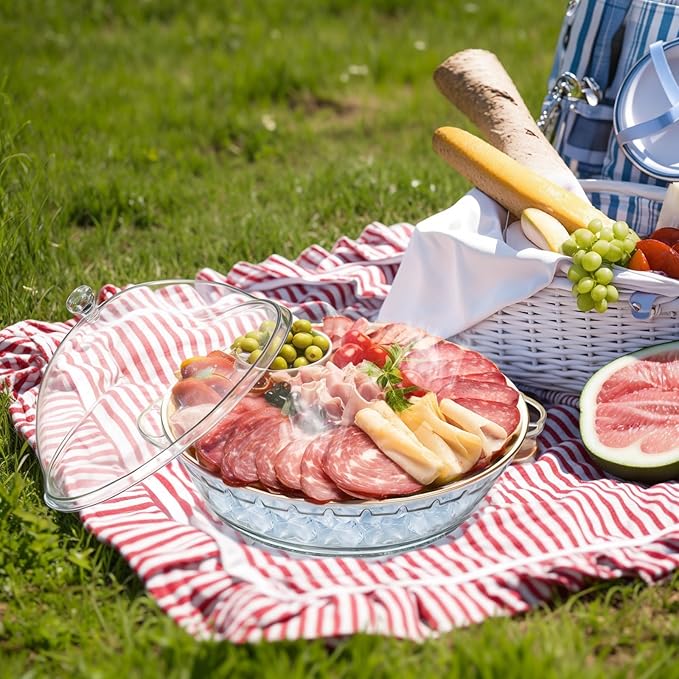 Baderke 11.8" Chilled Serving Tray for Parties with Compartments and lid Ice Chilled Party Platter Charcuterie Serving Board Cold Dish Dip for Fruit Seafood Vegetable Shrimp Cocktail(Gold,1 Pcs)