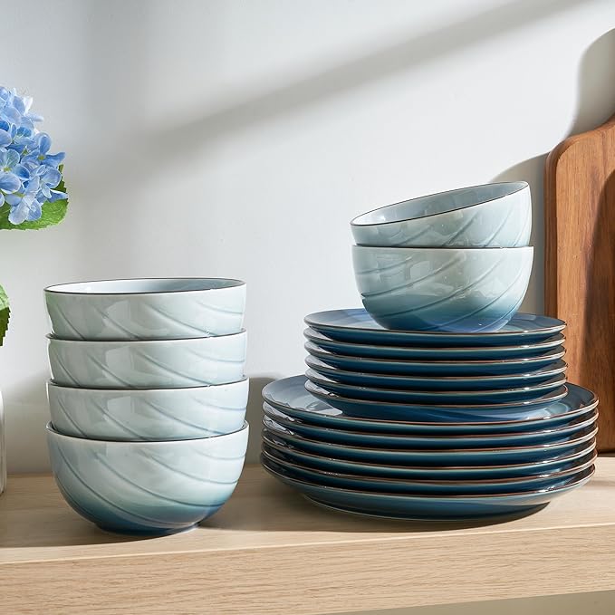 Sweese Porcelain Dinnerware Sets for 6, 18 Pieces Ceramic Plates and Bowls Sets, Handcrafted Minimalist Dinner Set, Chip and Scratch Resistant Dish Set, Dishwasher & Microwave Safe, Ocean Blue