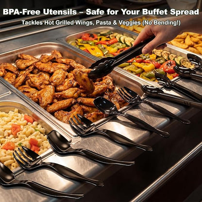 36Pcs Disposable Plastic Serving Utensils Set, 12 Black Spoons, 12 Forks, 12 Tongs, 9-Inch for Party Buffet Catering Events, Heavy Duty and Ergonomic Design (Black)