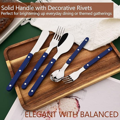 30 PCS Stainless Steel Flatware Set for 6, Silverware Set with Colored Handles, Retro Style Forks Spoons and Knives Set, Vintage Eating Utensils, Blue Acrylic Handle with Rivets Design
