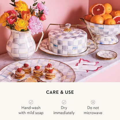MACKENZIE-CHILDS Set of 4 Enamel Appetizer Plates, Mini Dessert Plates, 5 Inches, Gray-and-White Sterling Check
