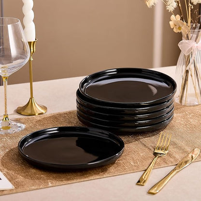 Ceramic Appetizer Plates Set of 6,Black Dessert Plates 8 Inch,Small Dinner Plates,Modern Round Salad Plates,Porcelain Serving Dishes for Pasta,Snack,Bread,Dessert,Sushi Microwave & Dishwasher Safe