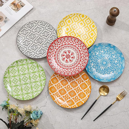 Dessert Plate Set of 6-8 Inch Ceramic Salad and Appetizer Plates - Vibrant Mix-and-Match Colors - Dishwasher and Microwave Safe