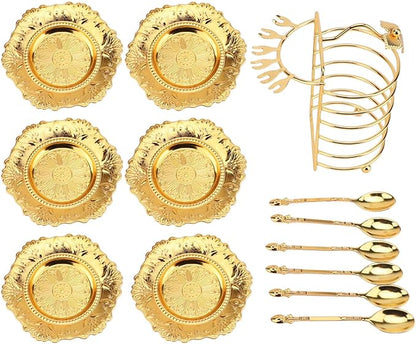 Keenso European Style Metal Plate Set, Zinc Alloy Elegant Cake Serving Tray with Spoon for Fruits Pasta Snacks Parties (Gold)