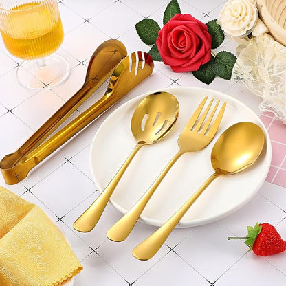 Patelai 15 Pcs Gold Stainless Steel Serving Utensils Set 8.7" Large Spoons and Slotted Spoon 9.45" Tong 9" Forks Flatware Wedding Valentine's Day Holiday Party Buffet Banquet Cooking Kitchen Catering