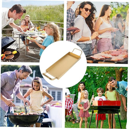 Ciieeo Stainless Steel Barbecue Platter Dual Handles Modern Korean Style Serving Tray for Appetizers Snacks Fruit and Desserts Small Rectangular Design Gold