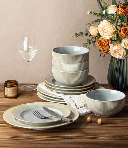TheTerra Stoneware Dinnerware Sets for 6, 18 Pieces Ceramic Lightweight Plates and Bowls Sets, Scratch Resistant Embossed Dish Set, Oven, Microwave & Dishwasher Safe, Desert Sage