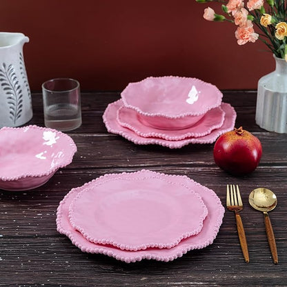 12 pcs Melamine Dinnerware Set, Elegant Scalloped Rim With Beaded Serving Plates and Bowls Sets of 4, Pearl Design Kitchen Dishes Dinner Set.Perfect for Girl's and Women's Parties,Gathering