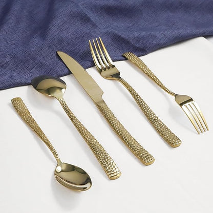 Gold Hammered Silverware Set, 20 Piece Stainless Steel Flatware Set for 4, Food-Grade Tableware Cutlery Set for Home Restaurant, Mirror Polished, Dishwasher Safe