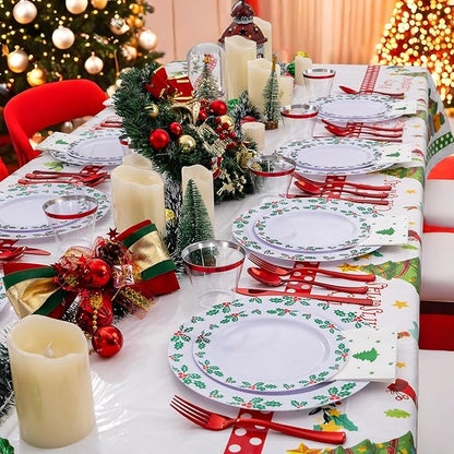GATHER 176Pcs Christmas Plastic Plates - Heavy Duty Christmas Dinnerware Set Includes 50 Plates, 75 Red Plastic Silverware, 25 Cups, 25 Napkins and 1 Tablecloth for Xmas Party