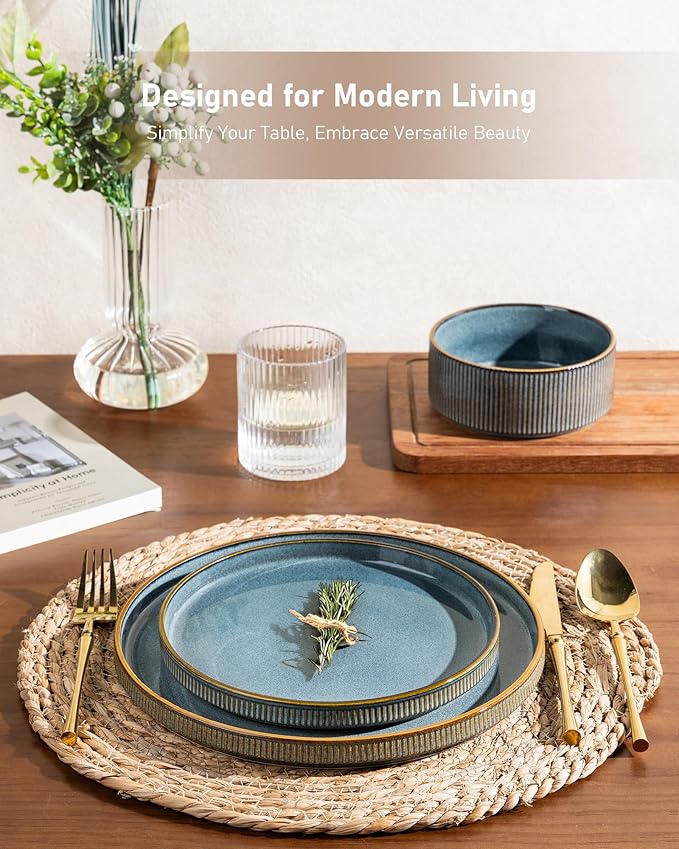 GBHOME 12-Piece Stoneware Dinnerware Set for 4 – Ribbed Ceramic Plates and Bowls, Scratch-Resistant, Microwave & Dishwasher Safe, Reactive Glaze, Deep Ocean