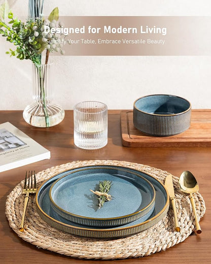 GBHOME 12-Piece Stoneware Dinnerware Set for 4 – Ribbed Ceramic Plates and Bowls, Scratch-Resistant, Microwave & Dishwasher Safe, Reactive Glaze, Deep Ocean