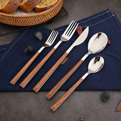 Korean Style Wood Flatware Stainless Steel Fork/Spoon/Knife/Teaspoon with Wooden Square Handle Cutlery Set of 4 Dinnerware for Home, Kitchen, Restaurant, Gift - Silver