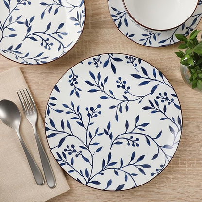 Gibson Home Palace Suite 16-Piece Dinnerware Set, Blue Floral Stoneware Plates & Bowls, Service for 4, Round Durable Everyday Dish Set