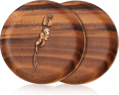 Ayiaren 2 Psc Decorative Acacia Wood Salad Plates Round Charcuterie Boards Snack Appetizer Dessert Plate Wooden Cheese Serving Board Kitchen Dishe Platter for Foood Party Small Charger Dinner Plates