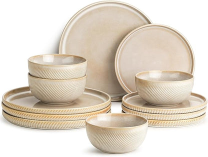 Stoneware Dinnerware Sets for 4, 12-Piece Scratch Resistant Plates and Bowls Set, Dishwasher and Microwave Safe Ceramic Dishes Set, Ribbed, Sculpted Dune