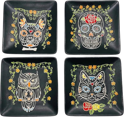 Blue Sky Clayworks Calvin Sugar Skull Appetizer Plate, 5.02" L x 5.02" W x 0.77" H, Set of 4