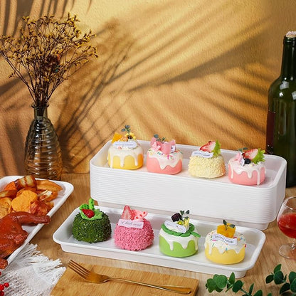 20 Pcs Serving Platters 14 x 6 Inch Rectangle Serving Trays Reusable Food Tray Dishes Dessert Trays Plastic Plates for Wedding Home Table Thanksgiving Christmas Party(White)