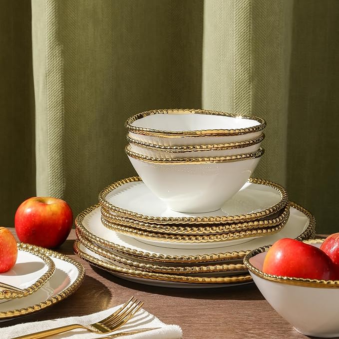 Christian Siriano Akoya Porcelain Dinnerware Set, 12-Piece - Dish Set for 4, Plates and Bowls Set, White and Gold