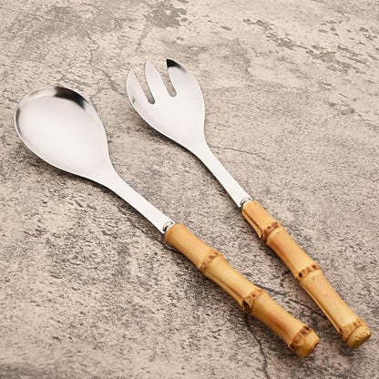 6-Piece Bamboo Silverware Set, Stainless Steel Flatware Hostess Serving Set Bamboo Utensils Tableware Set for Home Camping Travel Hotel - 2pcs Serving Spoon and 2pcs Serving Fork
