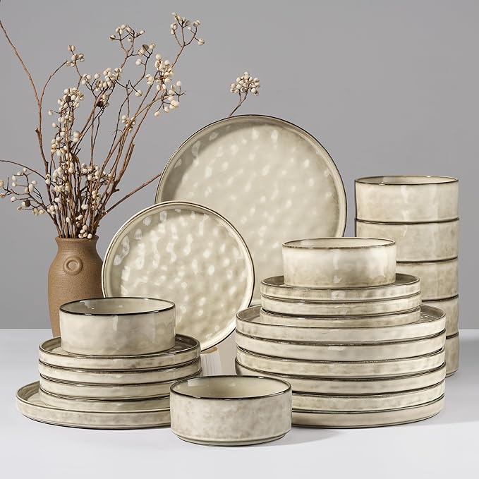 HaWare Dinnerware Sets, 24-Piece Plates and Bowls Set, Stoneware Dish Set for 8, Ceramic Dinnerware for Home Restaurant, Chip and Scratch Resistant, Microwave and Dishwasher Safe, Reactive Khaki