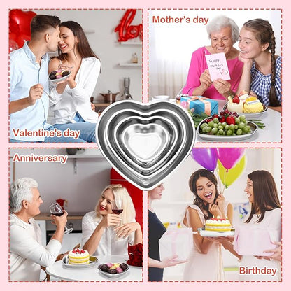 Set of 4 Heart Shaped Stainless Steel Serving Trays 304 Mixed Sizes Cake Dessert Serving Plates for Snack Fruit Wedding Party Baking Display Kitchen Home Decoration